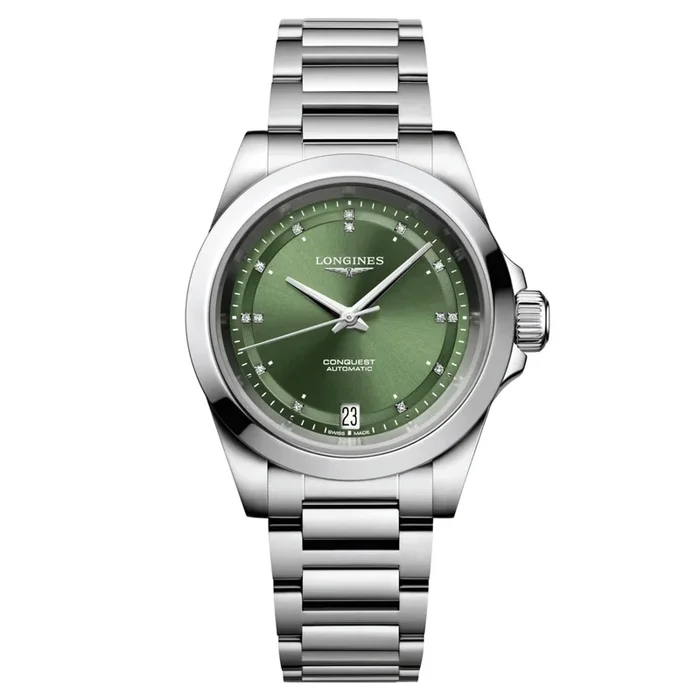 Longines Conquest automatic watch with diamond indices, green dial, and 30 mm steel bracelet – Lepage