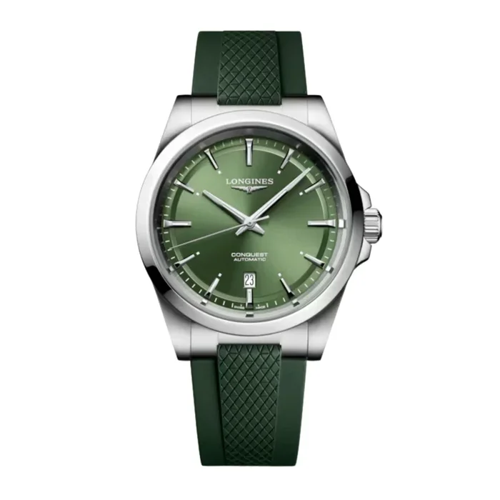 Longines Conquest automatic watch with green dial and green rubber strap, 41 mm – Lepage
