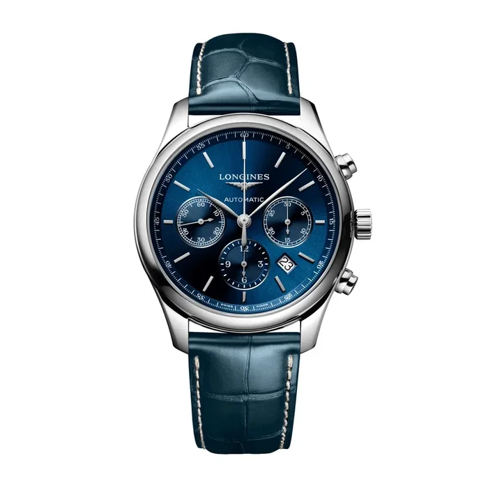 Longines Master Collection auto chrono watch blue dial alligator strap 42mm