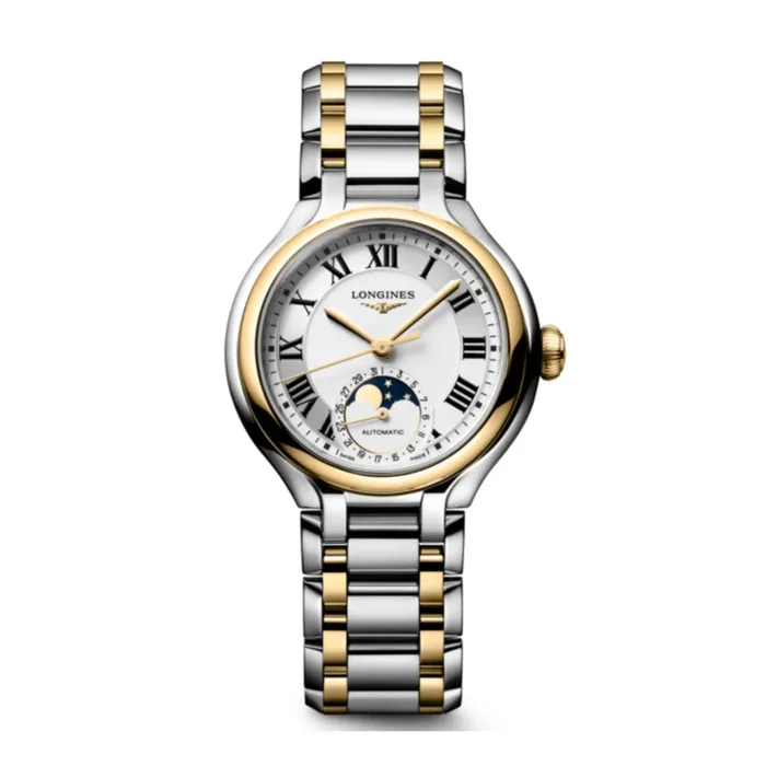 Longines PrimaLuna Moonphase automatic watch with white dial, diamond hour markers, steel and yellow gold bracelet, 34 mm – L