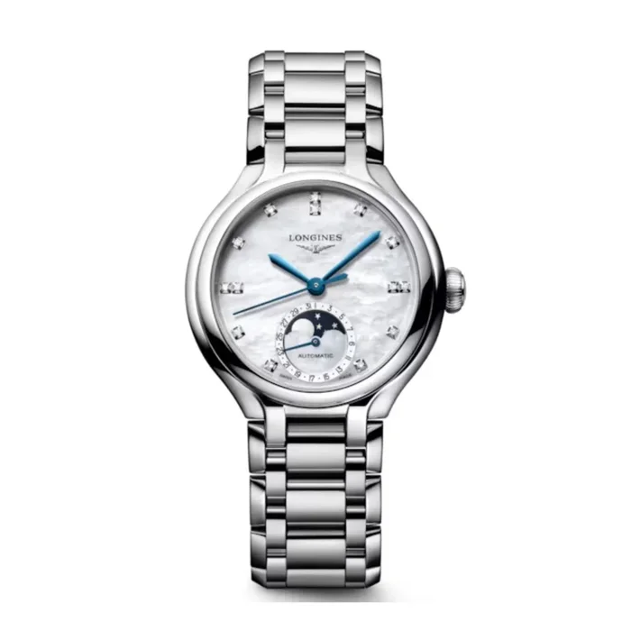Longines PrimaLuna Moonphase automatic watch with white mother-of-pearl dial, diamond hour markers, and 34 mm steel bracelet – L
