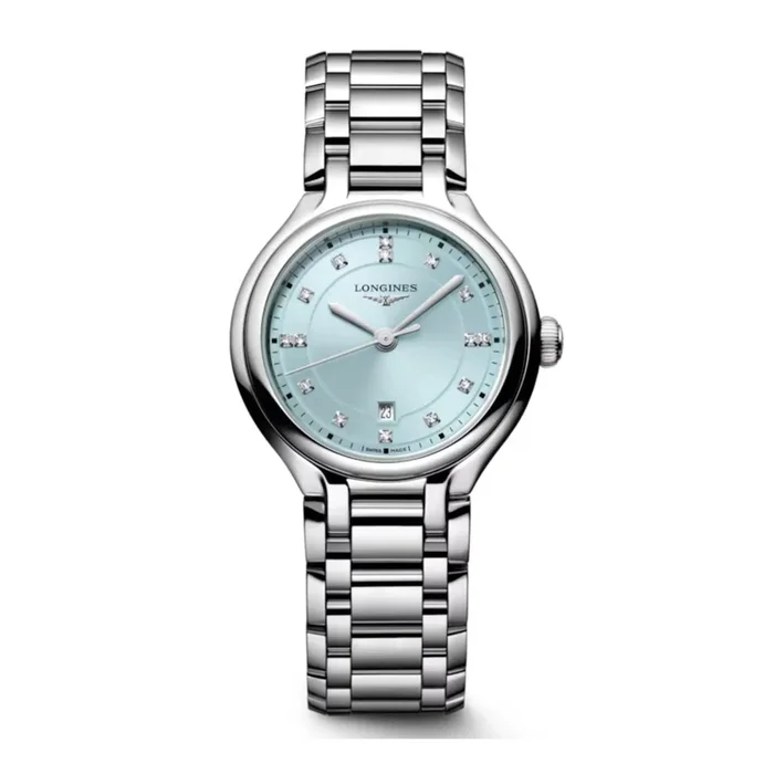 Longines PrimaLuna quartz watch with mint dial, diamond hour markers, and 30 mm steel bracelet – Lepage