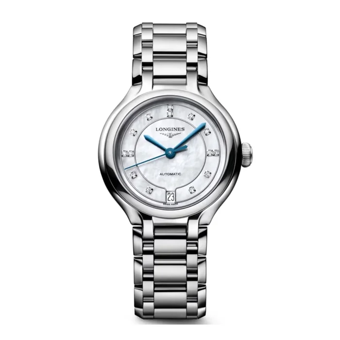 Longines PrimaLuna watch with white mother-of-pearl dial, diamond hour markers, and 34 mm steel bracelet- Lepage