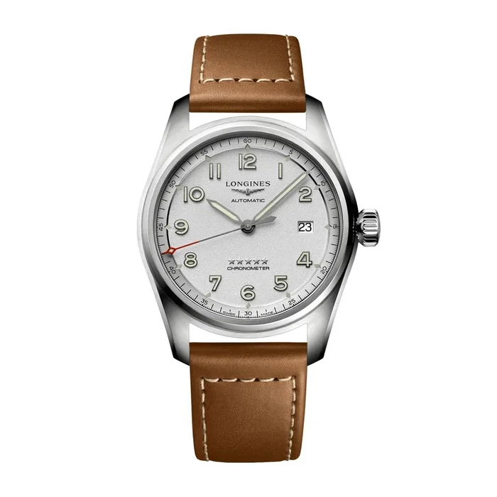 Longines Spirit automatic watch silver plated brown leather strap 40 mm