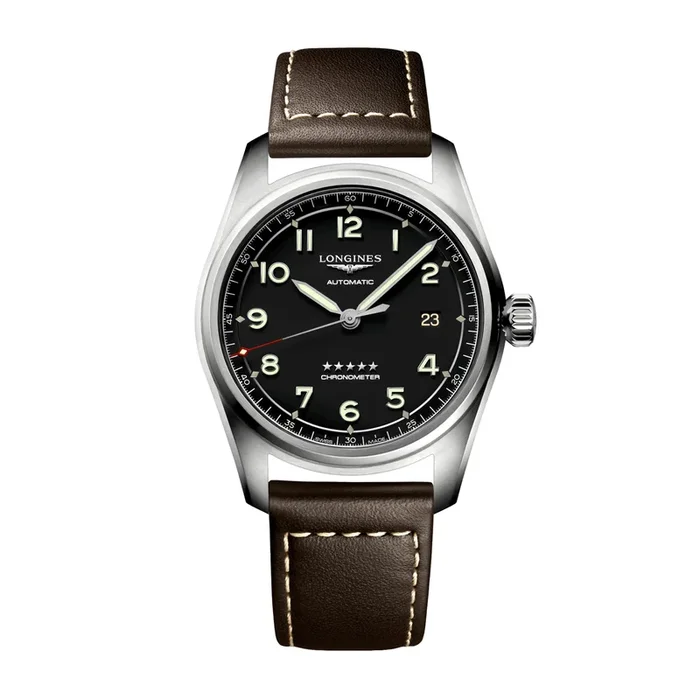 Longines Spirit automatic watch with black dial and 40 mm leather strap