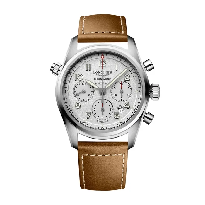 Longines Spirit Chronograph car watch silver plated brown bracelet 42 mm