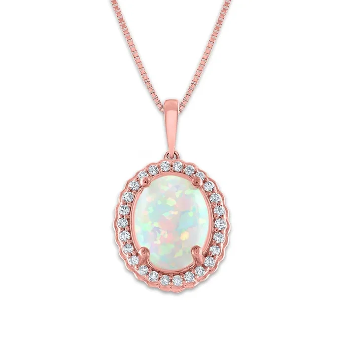 LoveSong 10X8MM Oval Opal and Diamond Halo 18-inch Pendant in 10KT Rose Gold