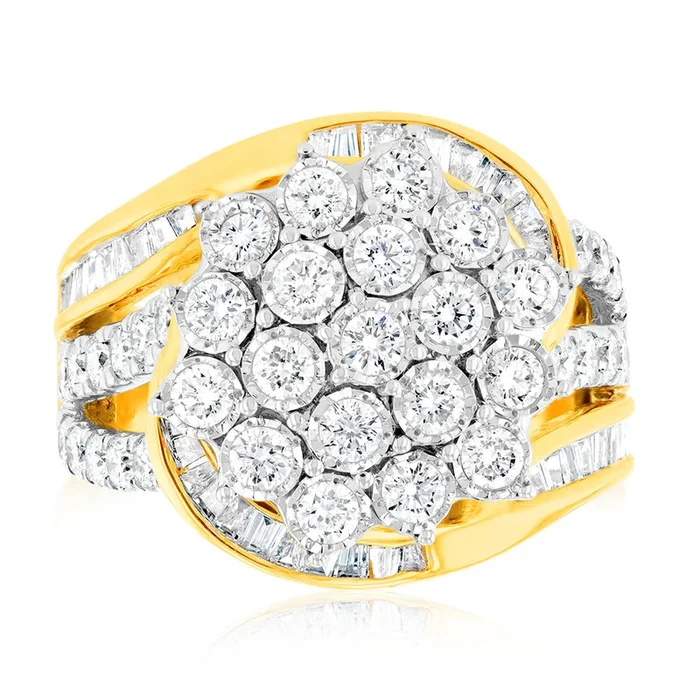 Luminesce Lab Grown 2 Carat Cluster Shaped Diamond Ring in 9ct Yellow Gold