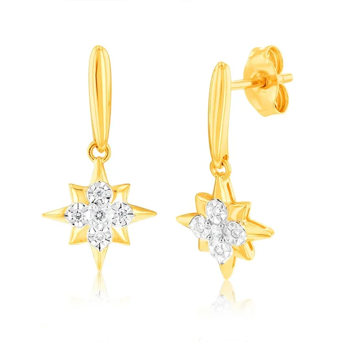 Luminesce Lab Grown 9ct Yellow Gold Star Shaped Drop Earrings in 10 Diamonds