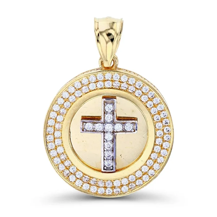 Luxe Layers 14KT White and Yellow Gold Cubic Zirconia 30X21MM Cross Medal Pendant. Chain Not Included