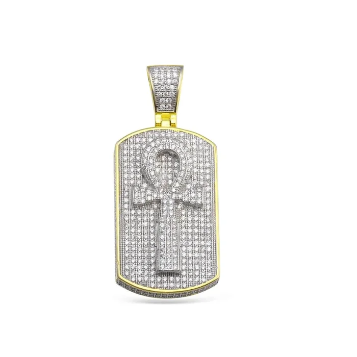 Luxe Layers 14KT Yellow Gold Plated Sterling Silver Cubic Zirconia 52X22MM Cross Dog Tag Pendant. Chain Not Included