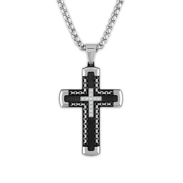 Luxe Layers Stainless Steel 1/8 CTW Natural Diamond 30X52MM 24-inch Cross Pendant