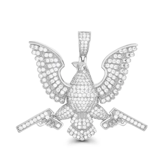 Luxe Layers Sterling Silver Cubic Zirconia 42X51MM Eagle with Guns Pendant. Chain Not Included