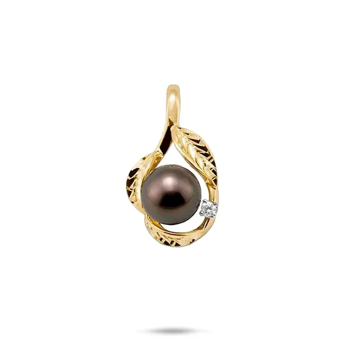 Maile Tahitian Black Pearl Pendant in Gold with Diamonds – 9-10mm