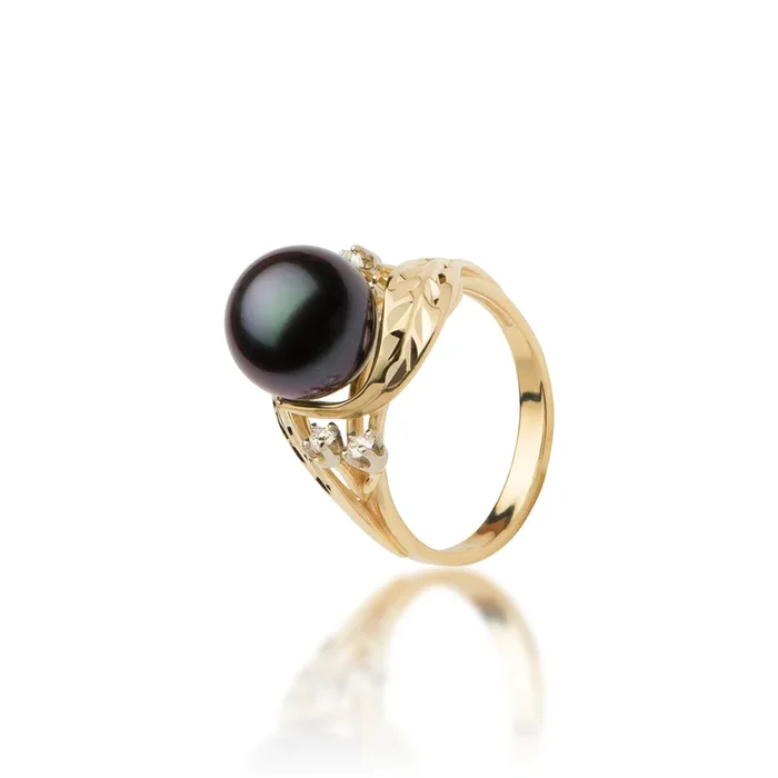Maile Tahitian BlackPearl Ring in Gold with Diamonds -9-10mm