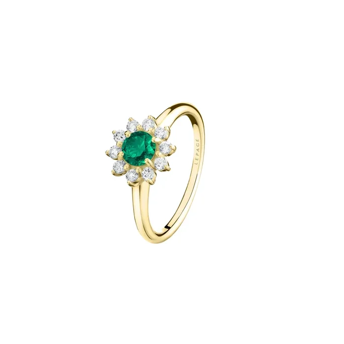 Marguerite ring in yellow gold, emerald and diamonds | LEPAGE