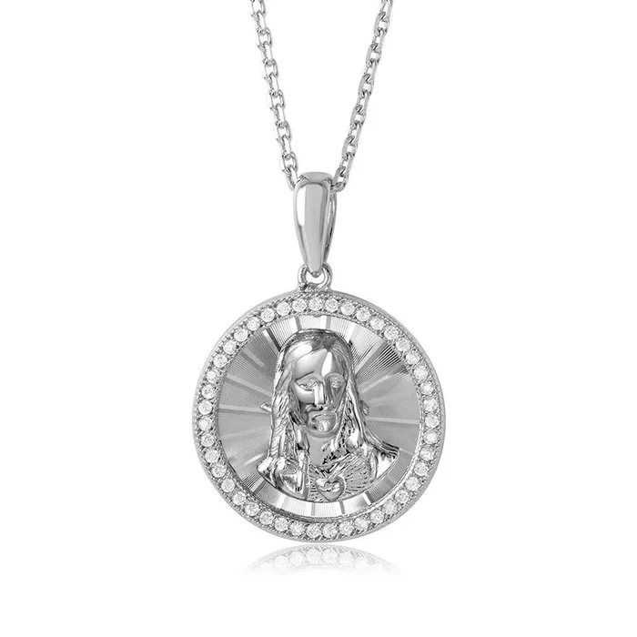 Medallón de Jesús con cadena y circonita cúbica de corte diamante chapado en rodio de plata 925 – GMP00002RH