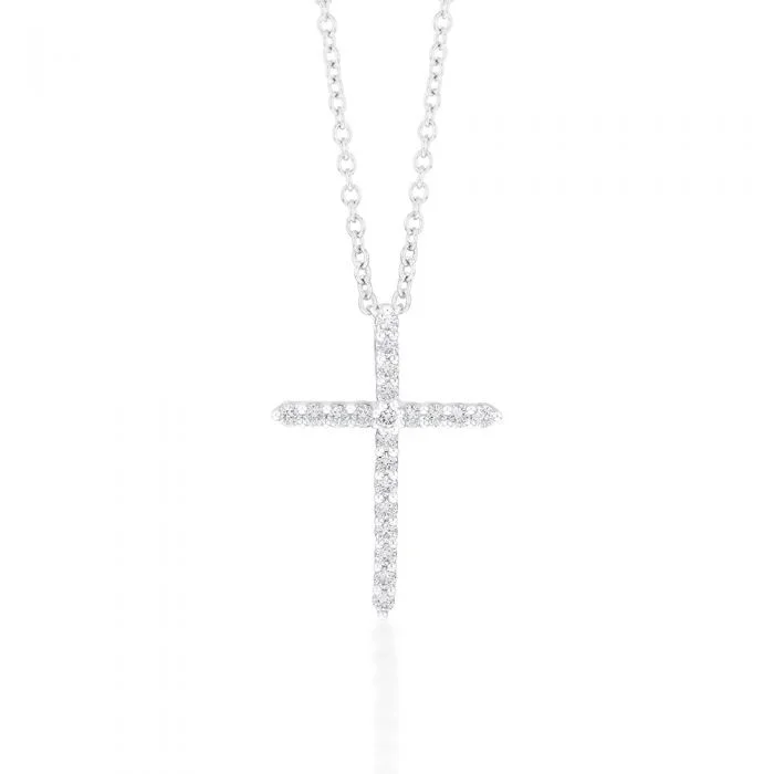 Memoire 18ct White Gold 1/5 Carat Diamond Single Prong Cross Pendant on 45cm Chain
