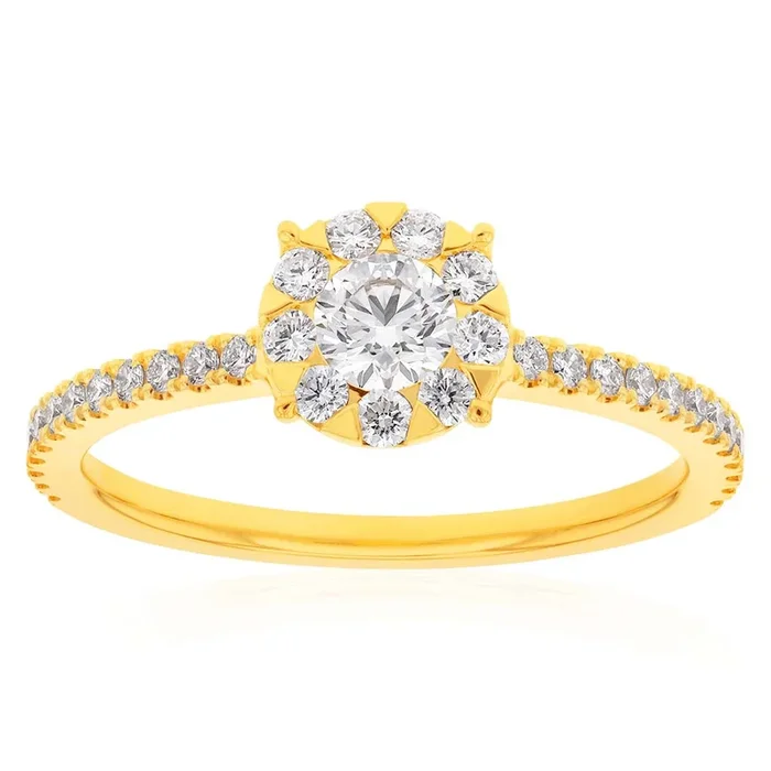 Memoire 18ct Yellow Gold 0.70 Carat Diamond Bouquet Halo Solitire Ring