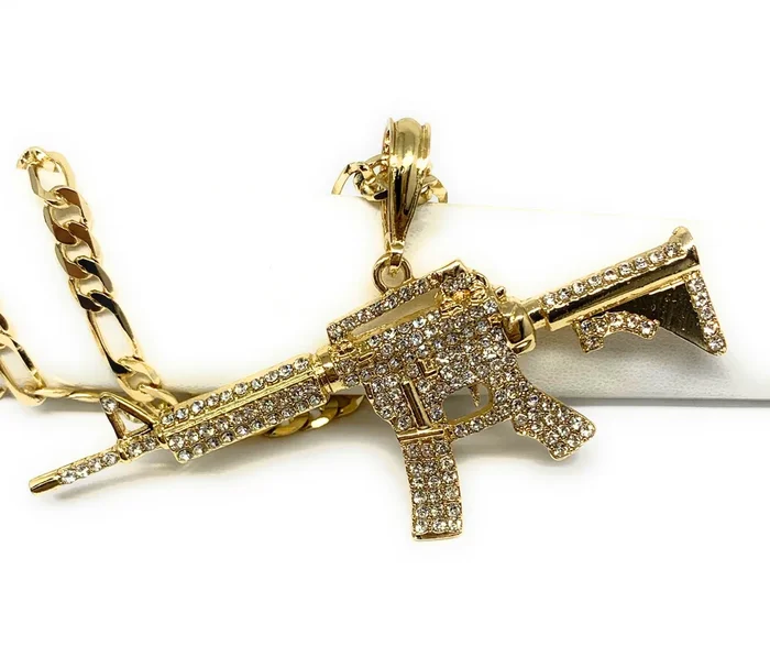 Men Gold Plated Iced Out Cueno de Chivo Ak-47 Machine Gun Pendant 26 inch figaro chain