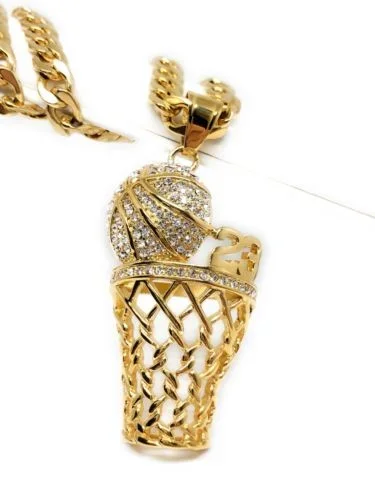 Men Iced Out Hip Hop Gold Plate BasketBall Hoop CZ Pendant 30″ Cuban Link Chain