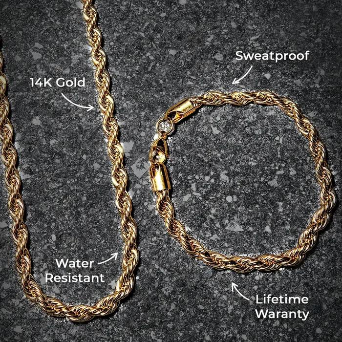 Mens Jewelry – 14K Solid Gold Rope Chain & Bracelet ( 6 Mm )