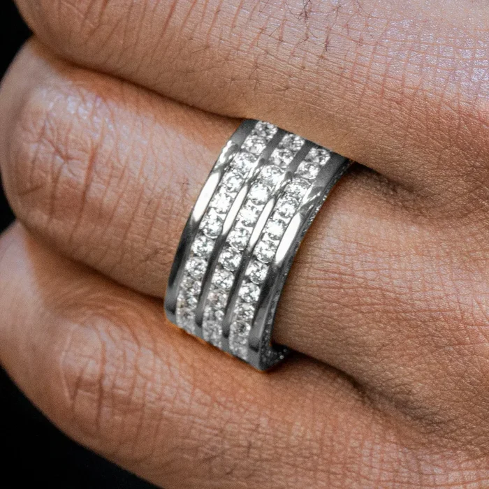 Mens Jewelry – 14K White Gold Iced Out VVS Triple Row Eternity Ring | 9.3 Grams