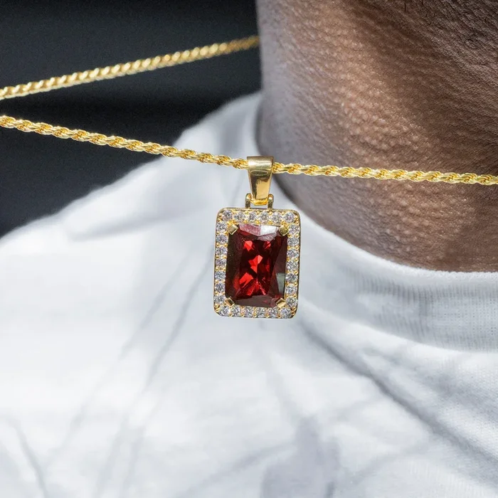 Mens Jewelry – Gold Iced Out VVS Ruby Necklace | Appx. 14 Grams
