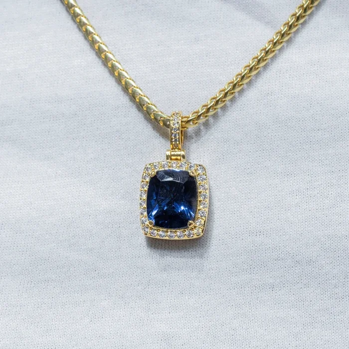 Mens Jewelry – Gold Iced Out VVS Sapphire Necklace | Appx. 12.5 Grams