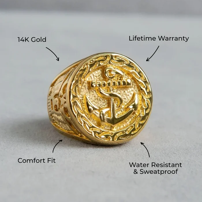 Mens Jewelry – Round Anchor Gold Pinky Ring | 20 Grams