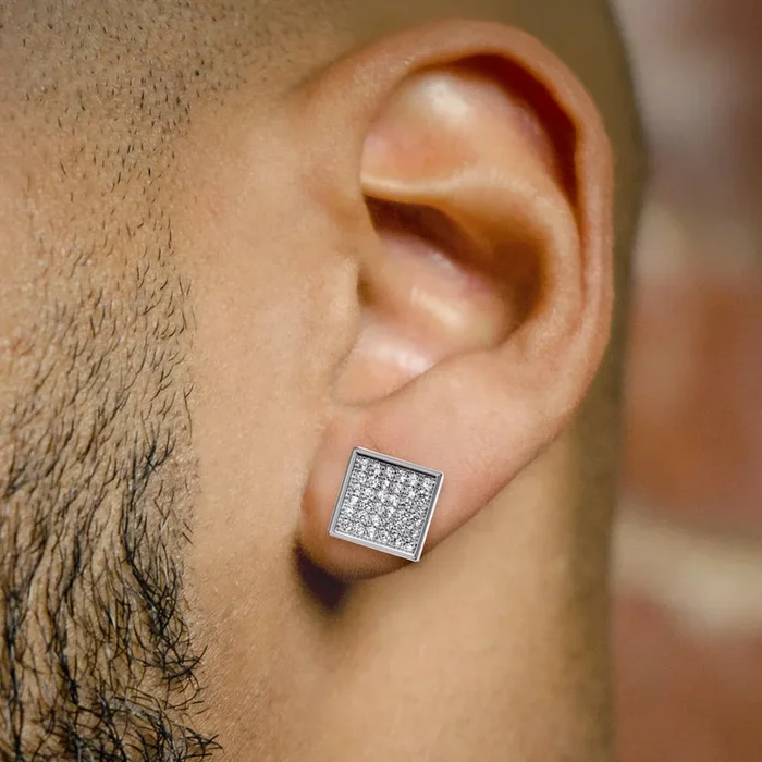 Mens Jewelry – Silver Micro Pave Square Iced Out VVS Stud Earrings for Men | Appx. 2.1 Grams