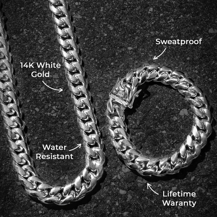 Mens Jewelry – Solid White Gold Miami Cuban Link Chain & Bracelet ( 14 Mm )
