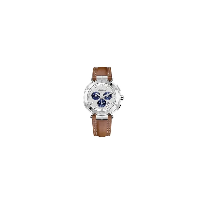 Michel Herbelin Newport chrono quartz watch white dial brown strap 43 mm