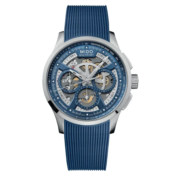Mido Multifort Skeleton Chronograph Automatic Watch with Blue Rubber Strap, 44 mm – Lepage