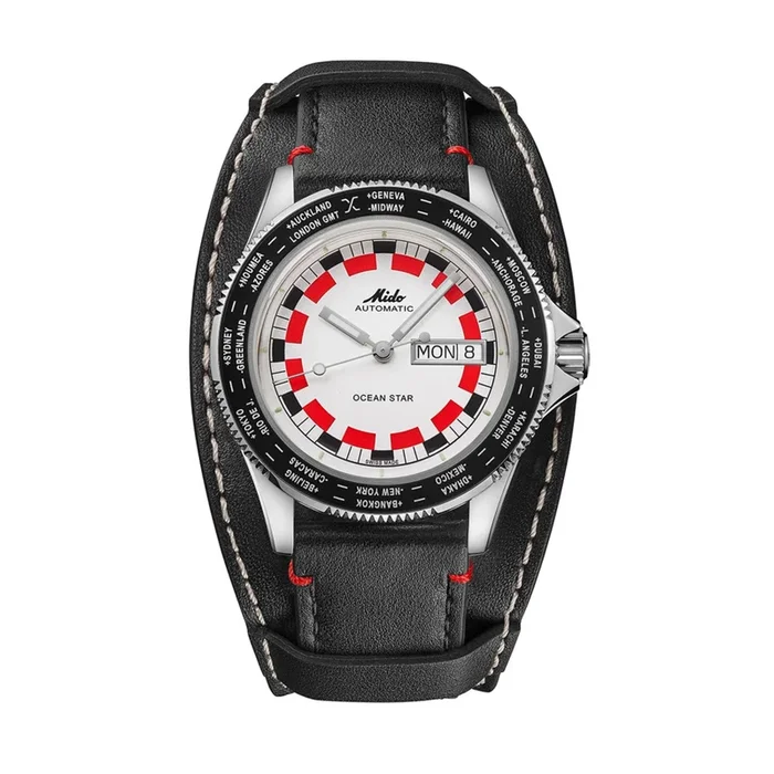 Mido Ocean Star WorldTimer automatic watch with white and red dial, black leather strap, removable underlay, 40.5 mm – Lepage