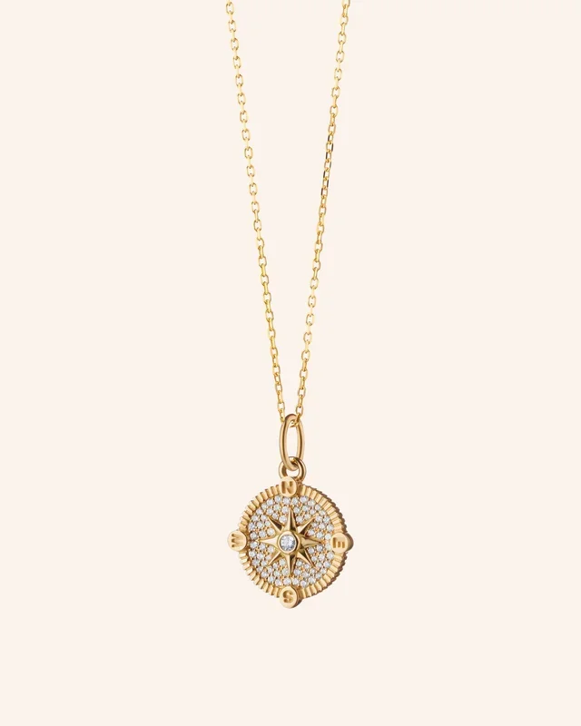 Mini “Adventure” Compass Necklace with Pavé Diamonds