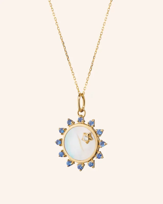 Mini “Happiness” Sun Necklace with Mother of Peal, Sapphires, and Diamonds