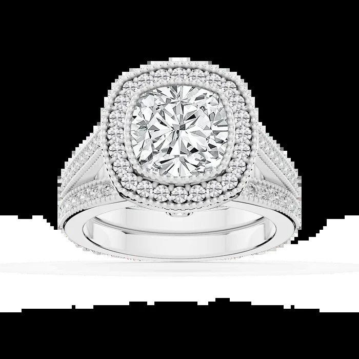 Misty Lab Grown Diamond Halo Milgrain and Beaded Prong Wedding Set