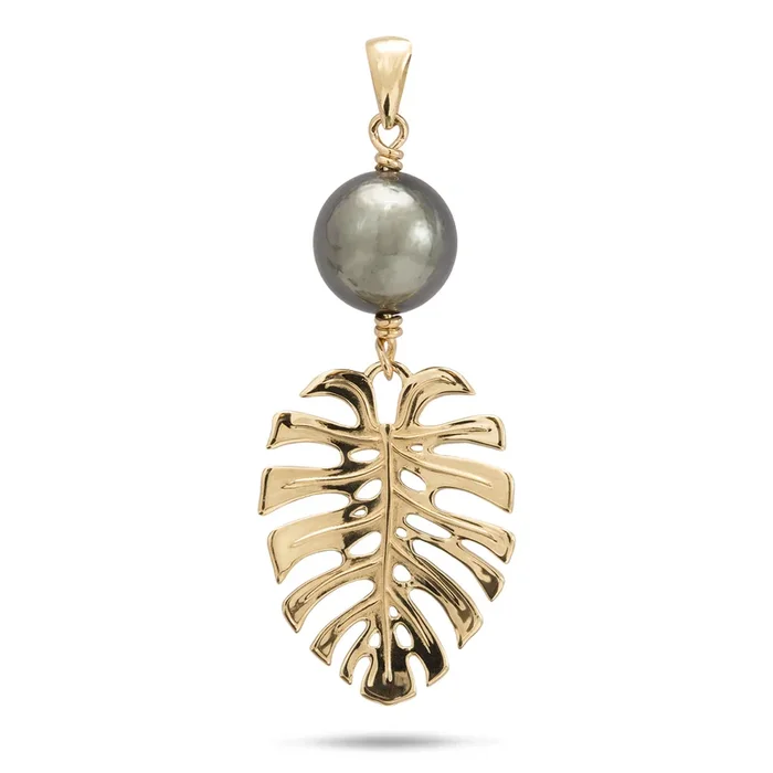 Monstera Tahitian Black Pearl Pendant in Gold – 23mm