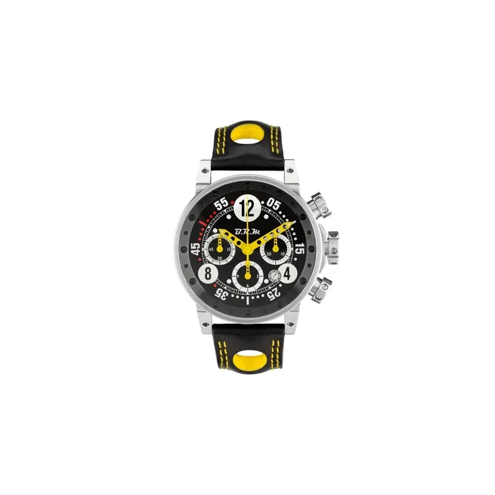 Montre BRM V12 automatique inox cadran noir aiguilles jaunes bracelet cuir 44 mm