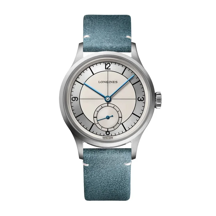 Montre Longines Heritage Classic automatique cadran beige bracelet cuir bleu 38,5 mm