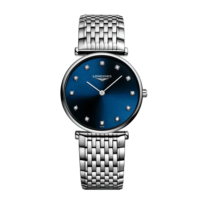 Montre Longines La Grande Classique quartz cadran bleu index diamants bracelet acier 29 mm