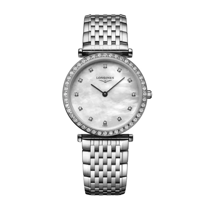 Montre Longines La Grande Classique quartz cadran nacre lunette sertie index diamants bracelet acier 29 mm
