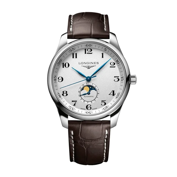 Montre Longines Master Collection automatique cadran argenté phases de lune bracelet cuir brun 42 mm