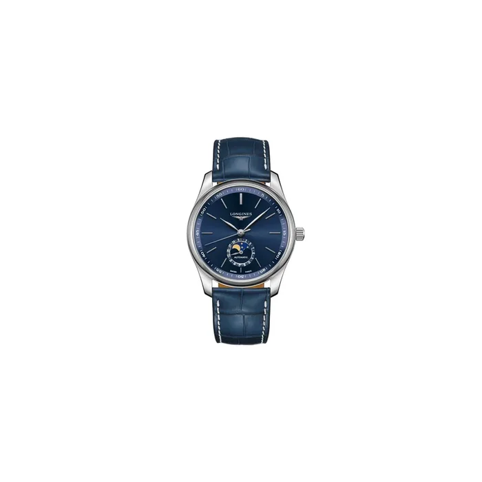 Montre Longines Master Collection automatique cadran bleu phases de lune bracelet cuir bleu 40 mm