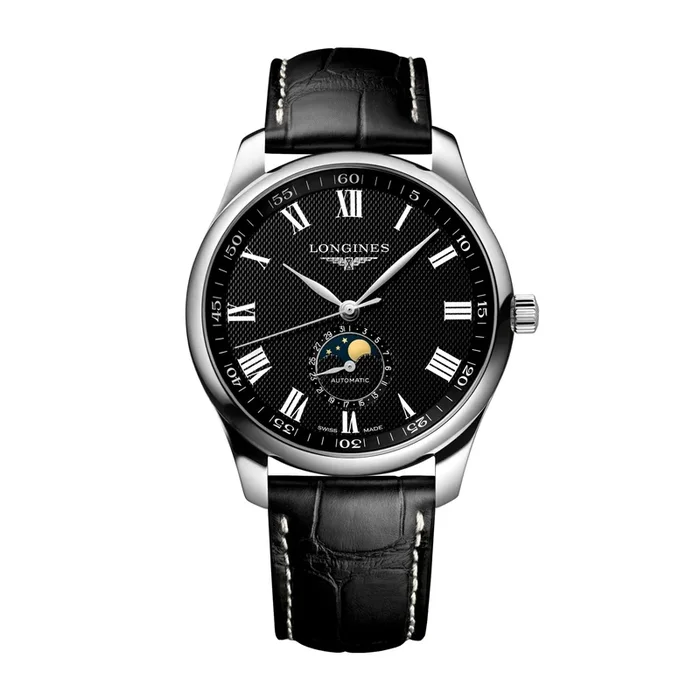 Montre Longines Master Collection automatique cadran noir phases de lune bracelet cuir noir 42 mm