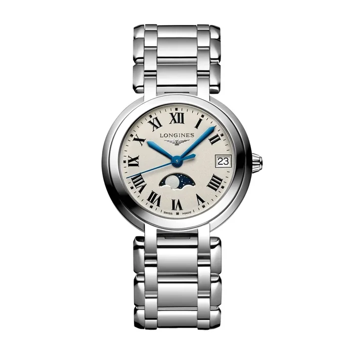 Montre Longines Primaluna quartz date chiffres romains bracelet acier 34 mm