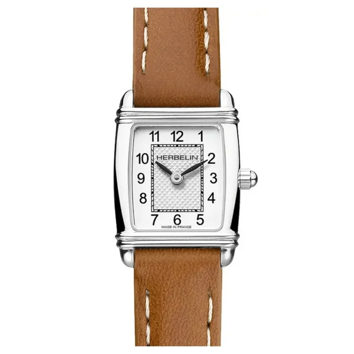 Montre Michel Herbelin Art Déco quartz chiffres arabes bracelet cuir brun
