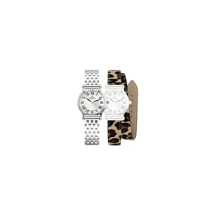 Montre Michel Herbelin Coffret Antarès quartz cadran argenté bracelet acier et léopard 30 mm