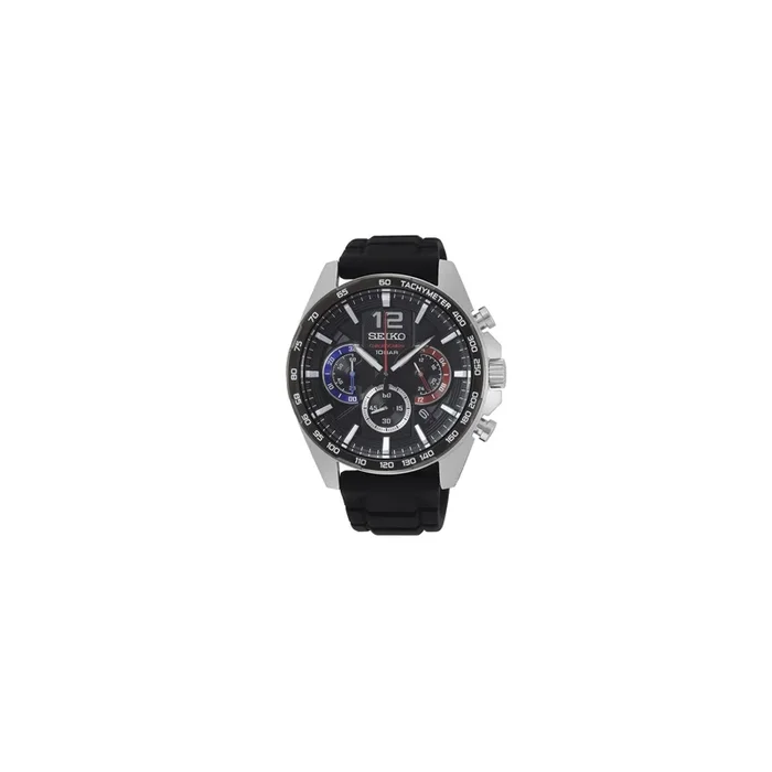 Montre Seiko Sport chronographe quartz cadran noir compteurs rouge et bleu bracelet silicone noir 43,9 mm